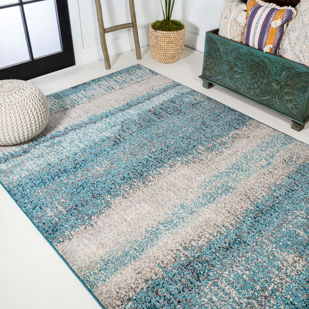 Contemporary POP Modern Abstract Vintage Area Rug, Cream and Turquoise, 8x10