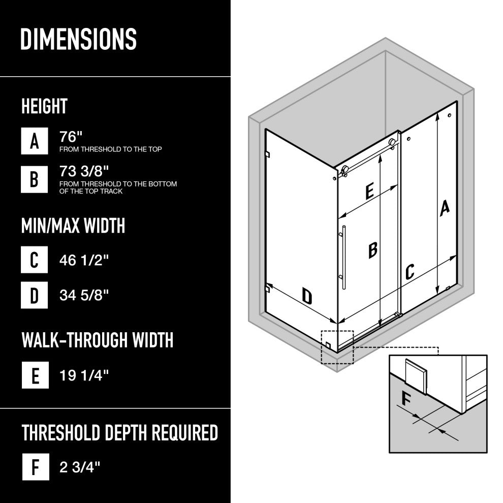VIGO Elan E-Class Frameless Sliding Shower Enclosure, Chrome, 35" D X 46" W X 76" H, Without Base