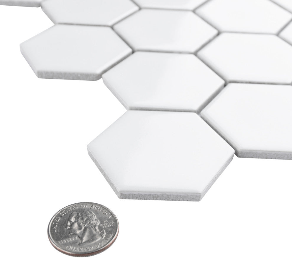 Metro Hex Matte 2" Porcelain Mosaic Floor and Wall Tile, Matte Grey, Glossy White