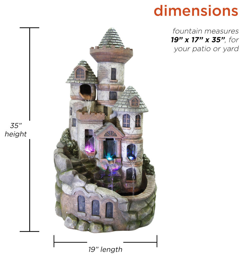 35" Tall Outdoor Tower Castle Fountain with Color Changing LED Lights