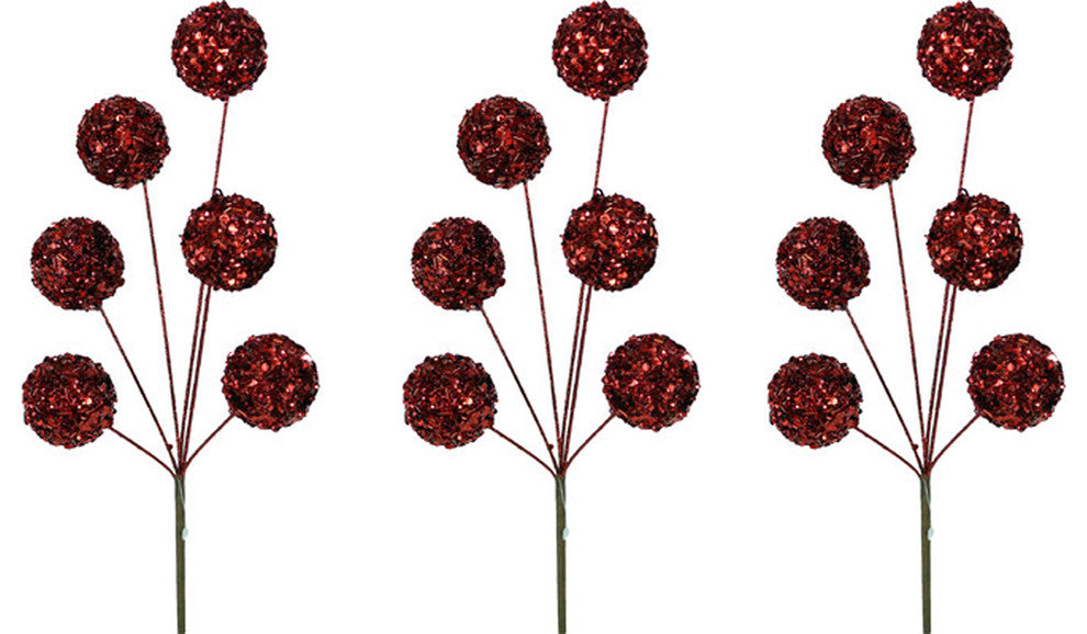 3 Pieces 16" Glitter Sequin Ball Christmas Spray, Red