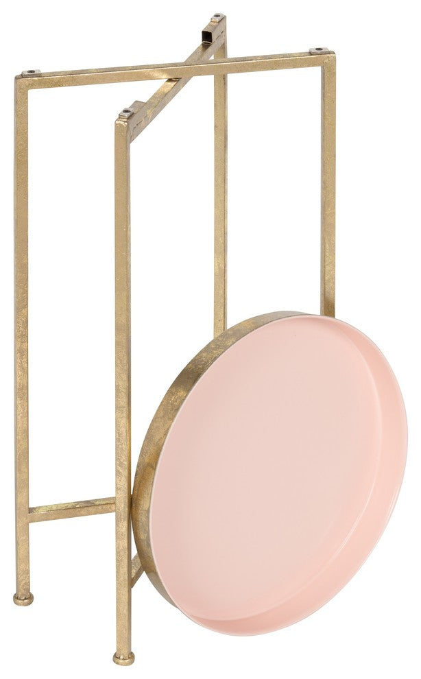 Kate and Laurel Celia Round Metal Foldable Tray Accent Table, Gold and Pink