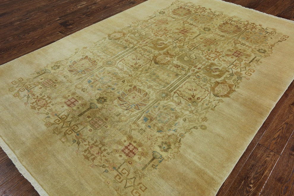Oushak Style Ivory Hand-Knotted Chobi Peshawar Oriental Wool Rug, 6'x9'