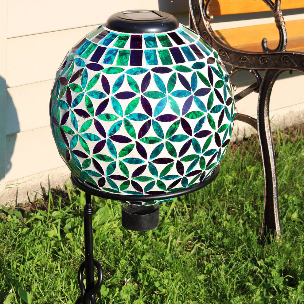 10" Sunnydaze Cool Blooms Outdoor Glass Mosaic Gazing Globe With Solar Light