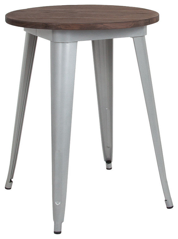 24" Round Silver Metal Indoor Table With Walnut Rustic Wood Top
