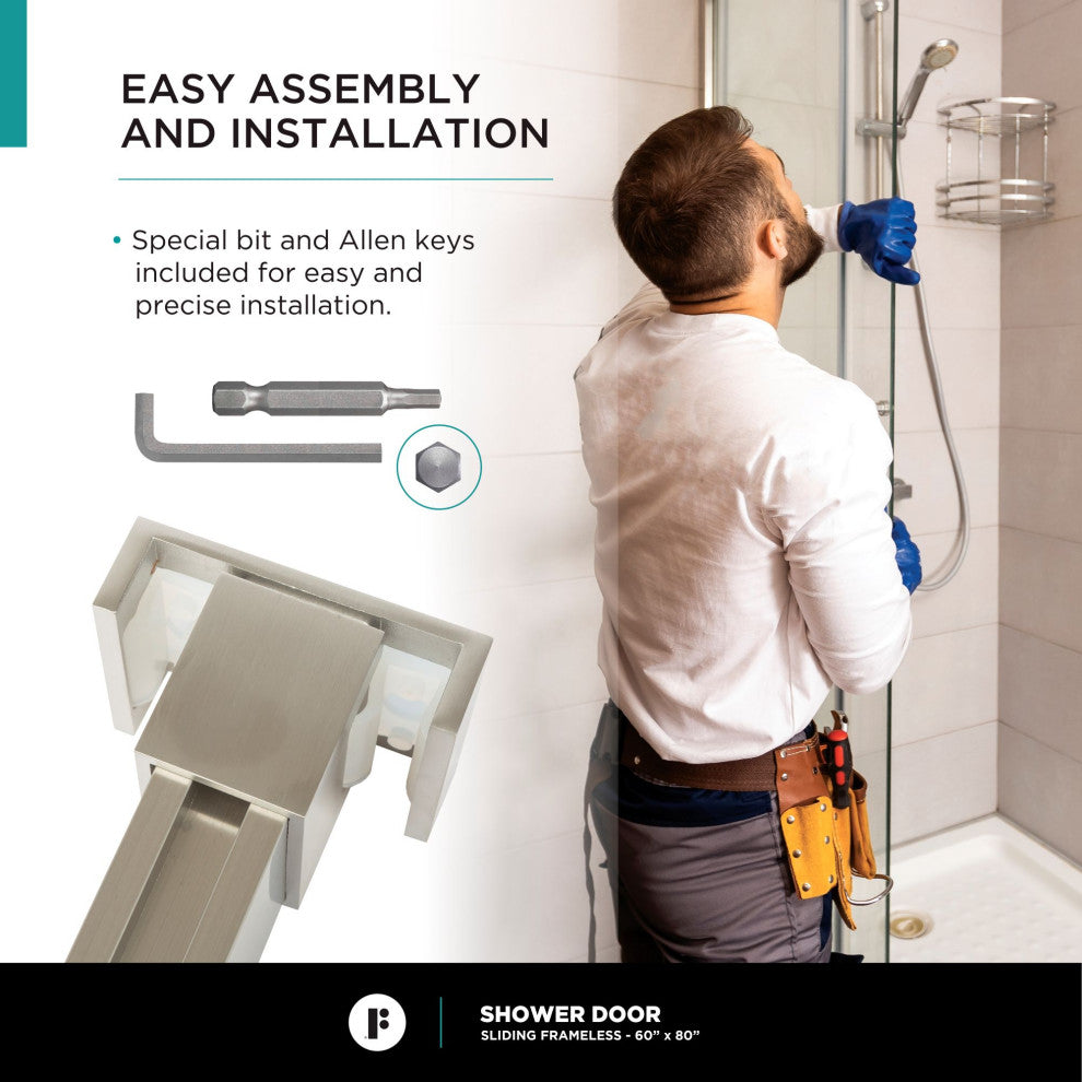 Frameless Clear Sliding Shower Door With Tempered Glass - Shower Bathroom Door, Satin Nickel, 60" X 80", Double Sliding Door