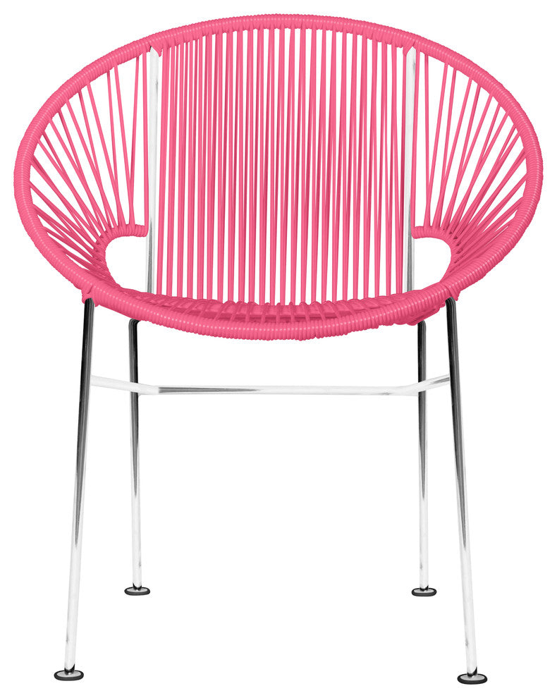 Concha Indoor/Outdoor Handmade Dining Chair, Pink Weave, Chrome Frame