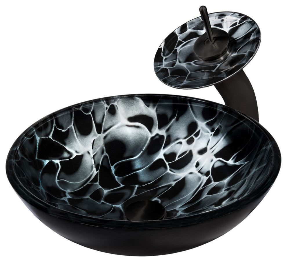 Tartaruga Hand Painted Tempered Glass Vessel Bathroom Sink Set, Matte Black