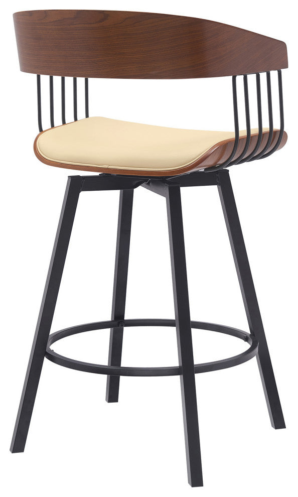 Athena 27" Swivel Walnut Wood Counter Stool Cream Faux Leather With Black Metal, 27