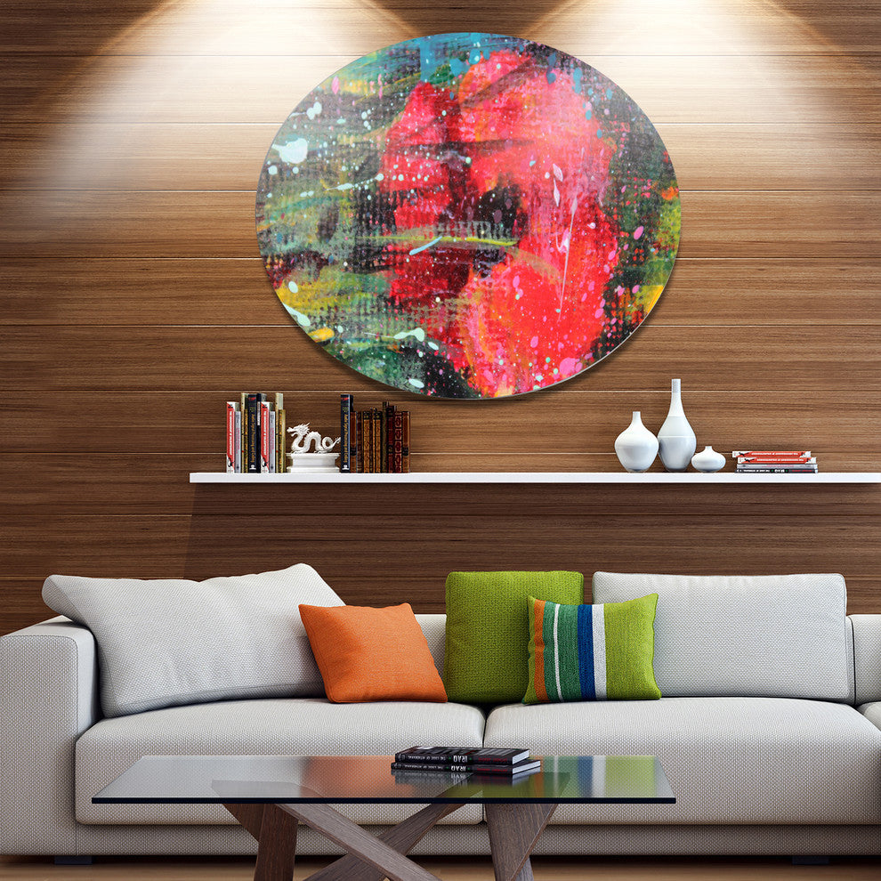 Red Poppy Acrylic Drawing, Floral Round Wall Art, 11"
