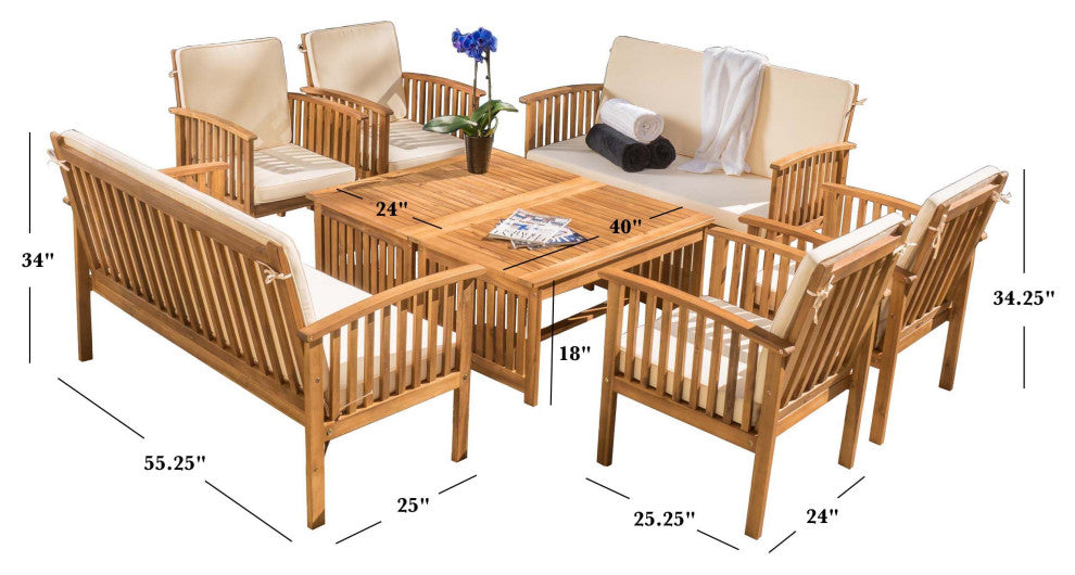 Beckley Outdoor 8-Piece Wood Sofa Seating Set with Water Resistant Cushion