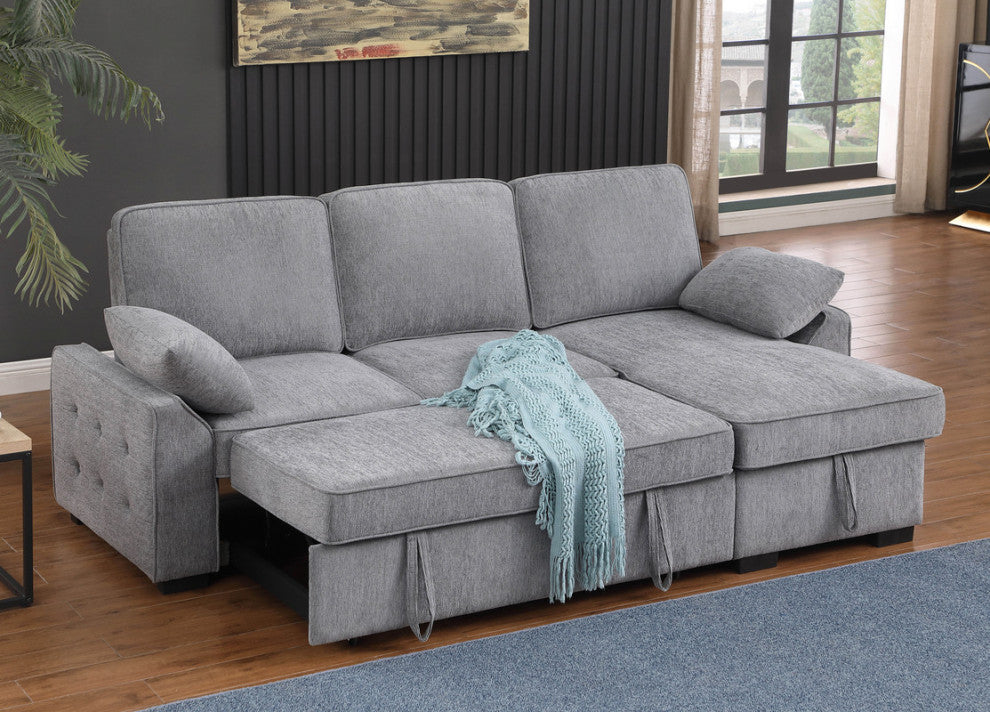 Mackenzie 91" Chenille Reversible Sleeper Sectional, Drop-Down Table, Light Gray