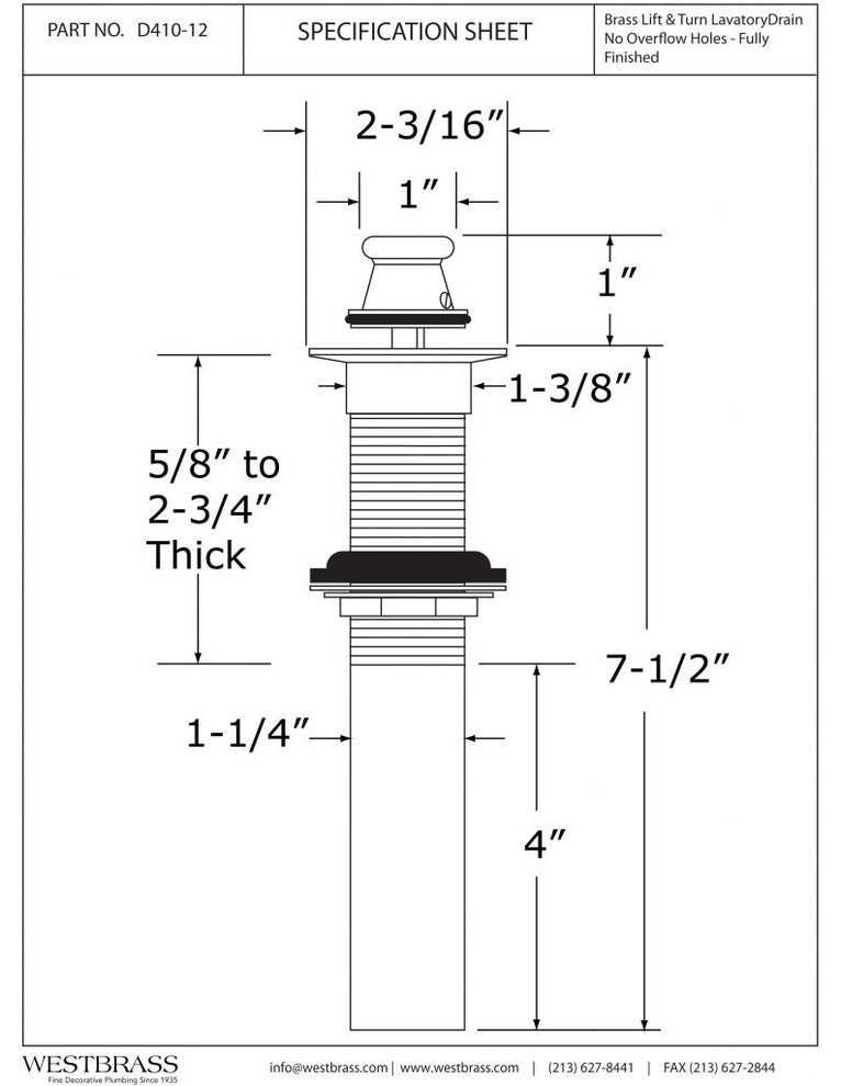 Lift & Turn Lavatory Drain Without Overflow Holes - Exposed In Polished Nickel