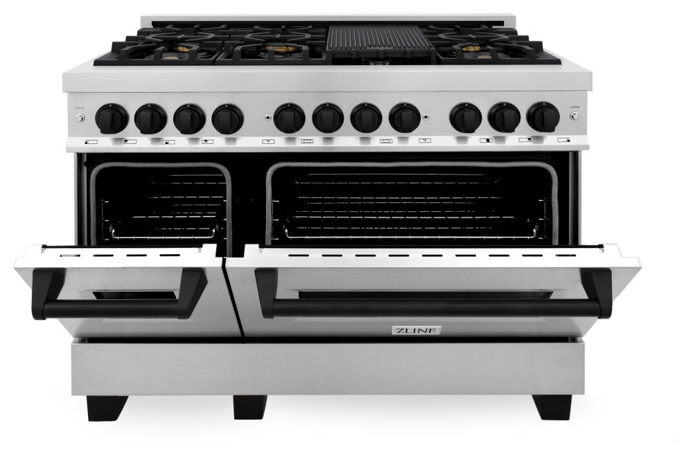 ZLINE 48" Dual Fuel Range, Stainless Steel With Matte Black Accents RAZ-48-MB