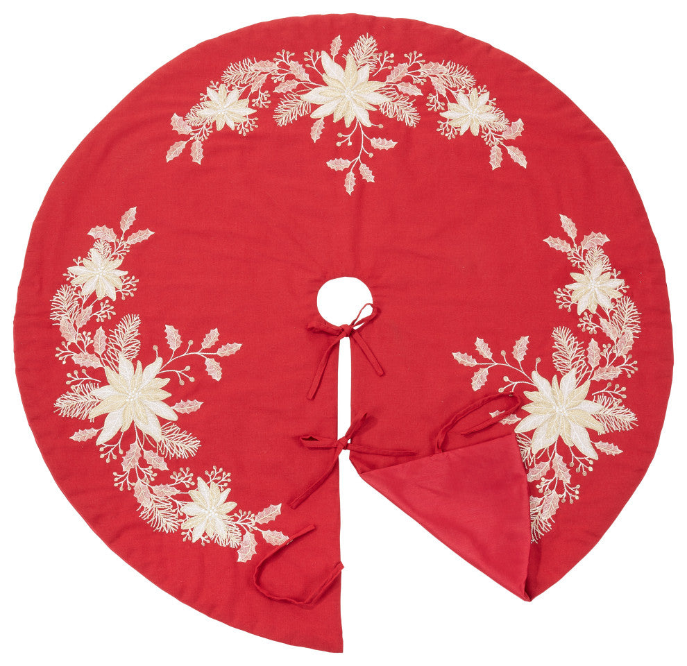 Christmas Tree Skirt With Embroidered Holly Design, Red, 72"x72"