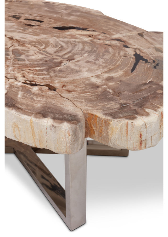 Relique Eliza Coffee Table, Polished Stainless Steel Base, Natural Light Top