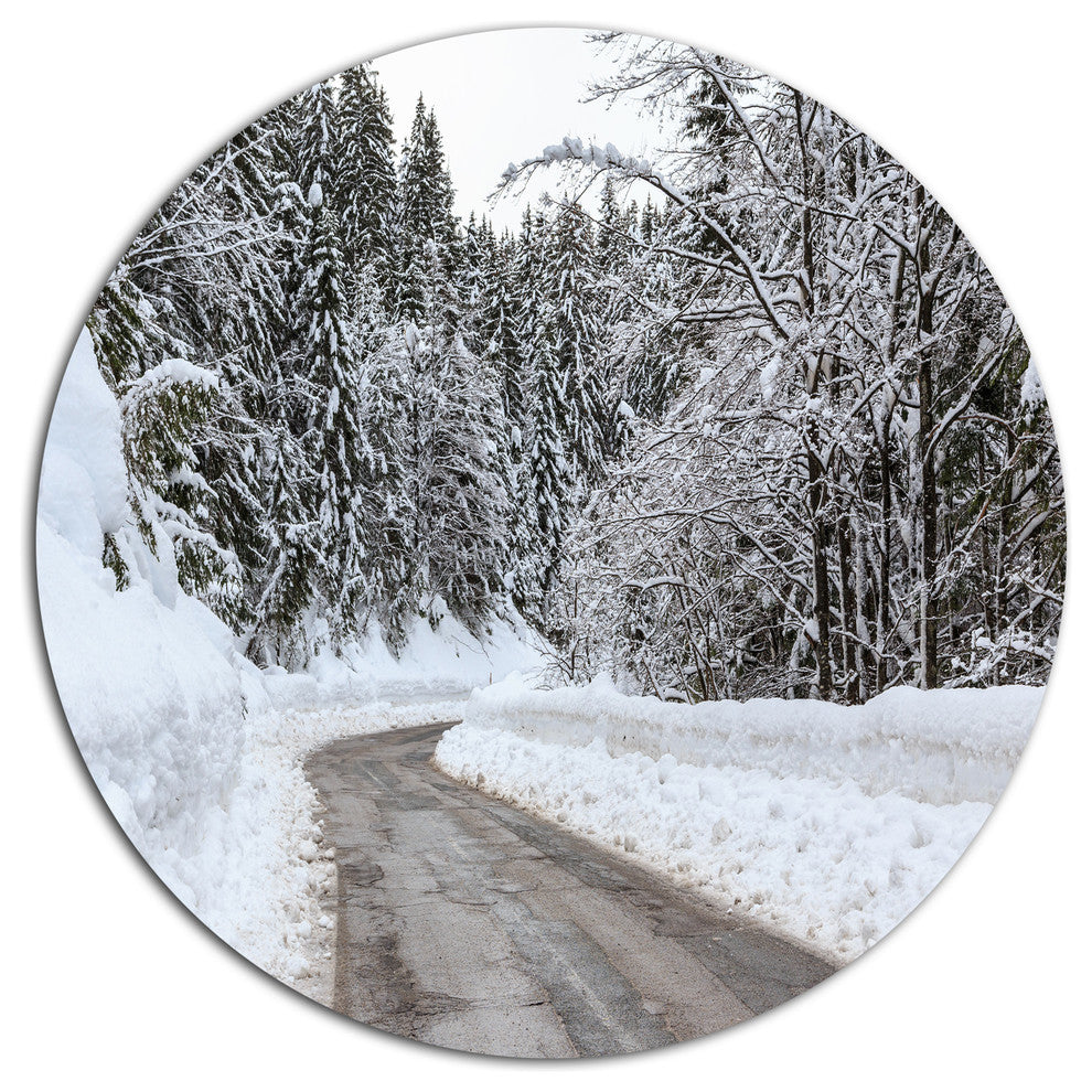 Foggy Winter Road In Slovenia, Landscape Wall Round Metal Wall Art, 11"