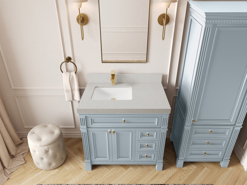 Paris 36" Left Offset Bathroom Vanity, Blue Heather 2" Carrara Quartz