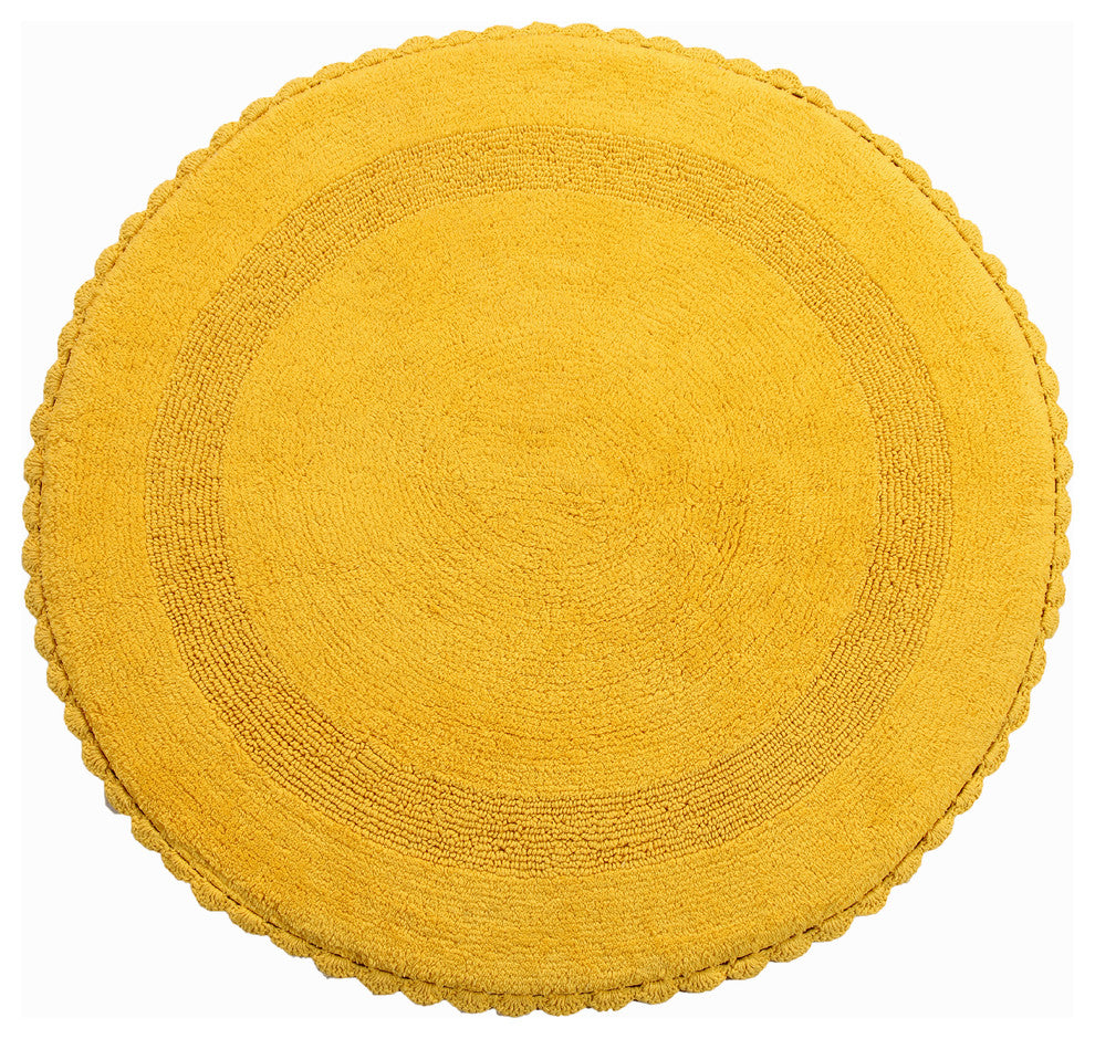 Saffron Fabs Bath Rug 36" Reversible Hand Knit Crochet Lace Border, Yellow