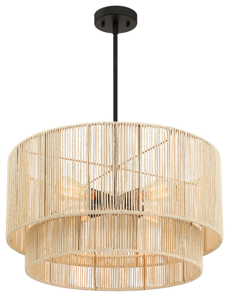 22" W 4-Light Rattan Tiered Drum Chandelier Light With Black Canopy, Beige