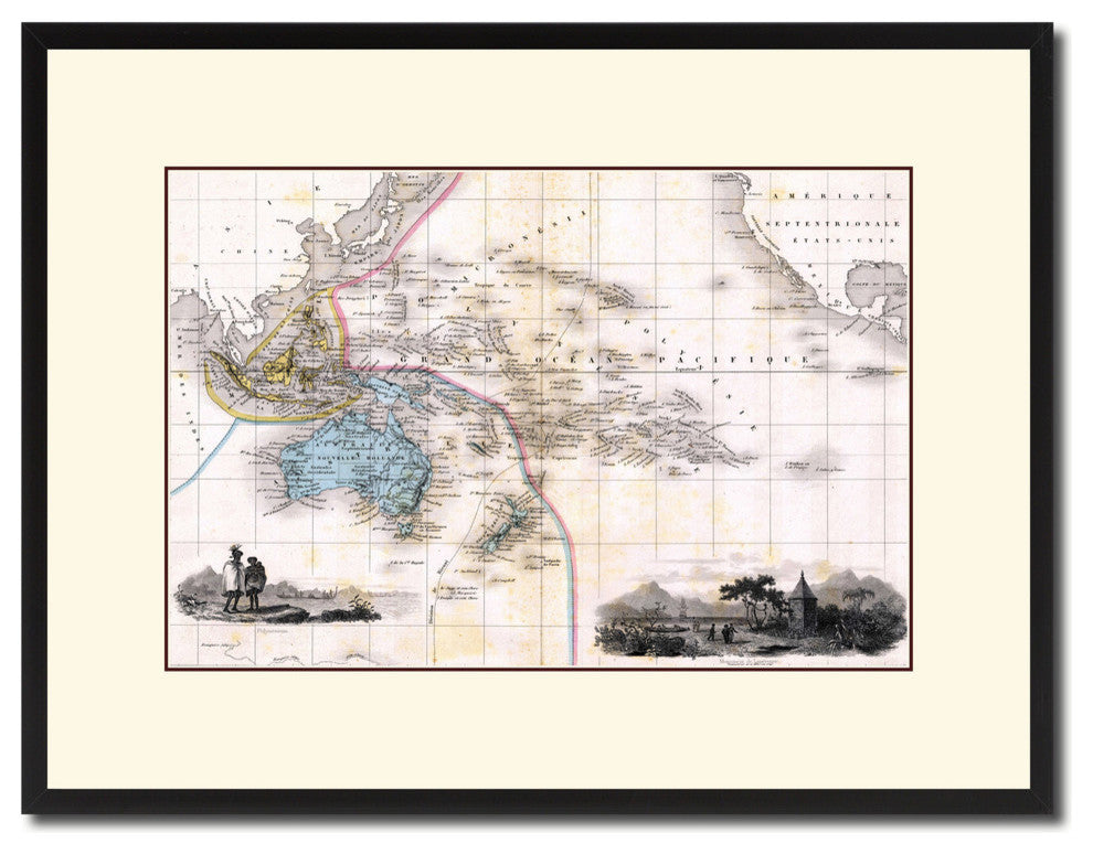 Oceania, Australia, New Zealand Map Print On Canvas With Picture Frame 16" X 21"
