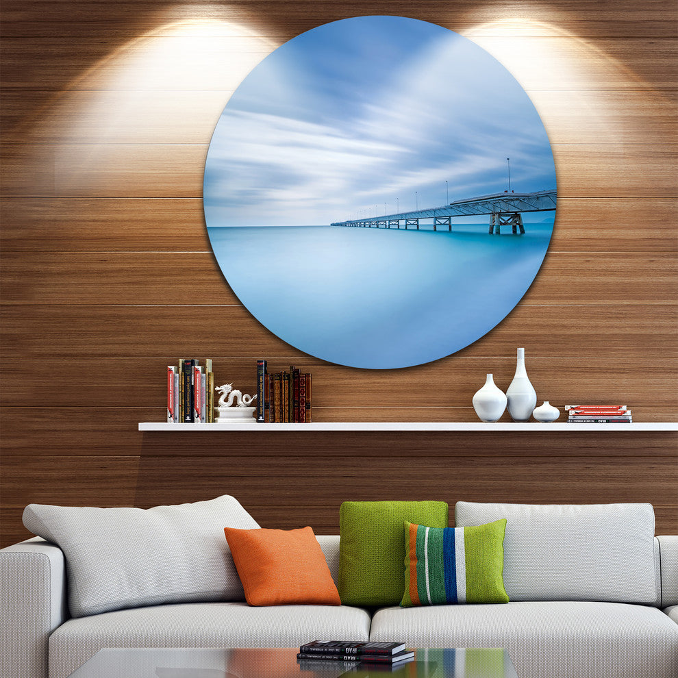 Industrial Pier In The Sea, Seascape Photo Round Metal Wall Art, 23"