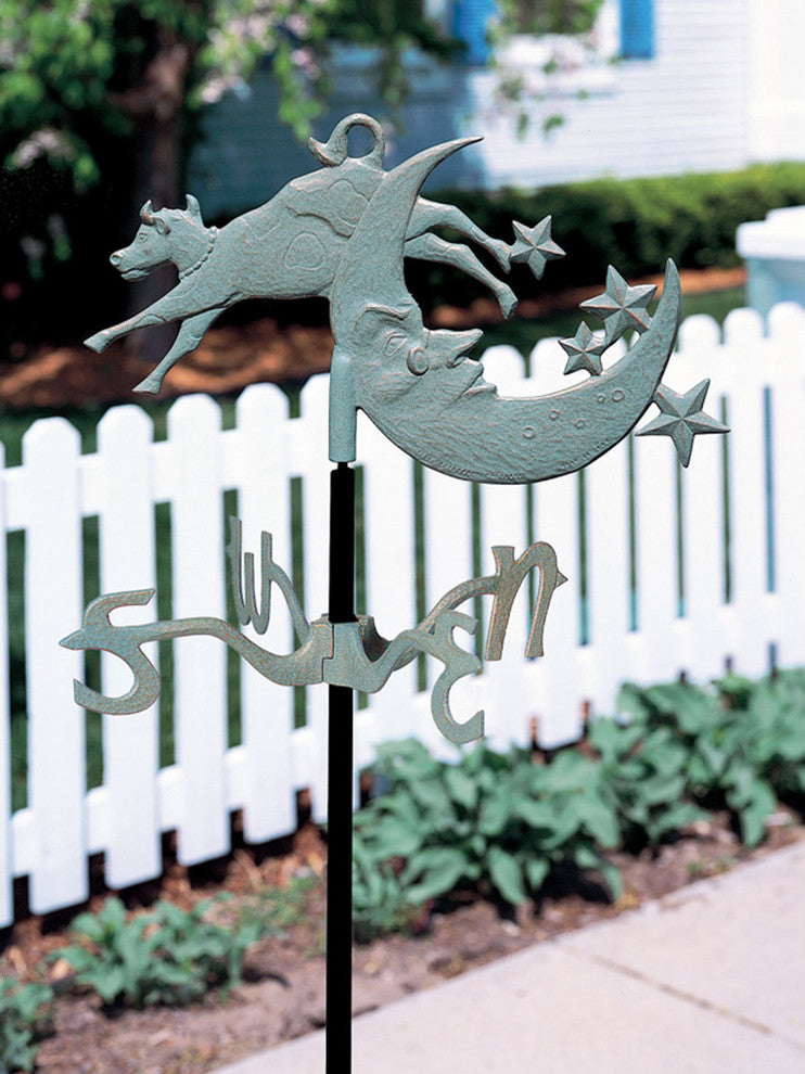 Cow Over Moon Garden Weathervane, Verdigris
