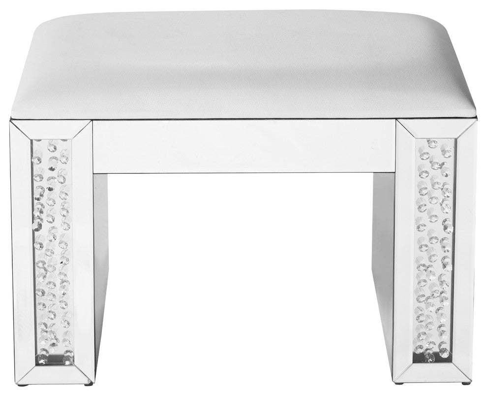 26" Crystal Vanity Leather Stool, Clear Mirror Finish