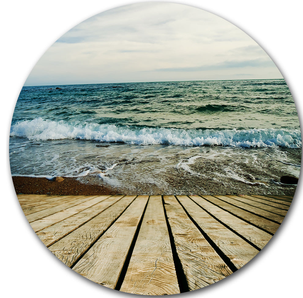 Wooden Pier In Waving Sea, Seascape Photo Disc Metal Wall Art, 36"