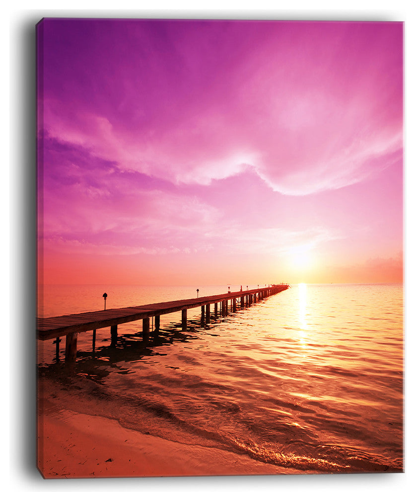 "Brown Sea And Pier Under Magenta Sky" Large Sea Bridge Canvas Print, 12"x20"