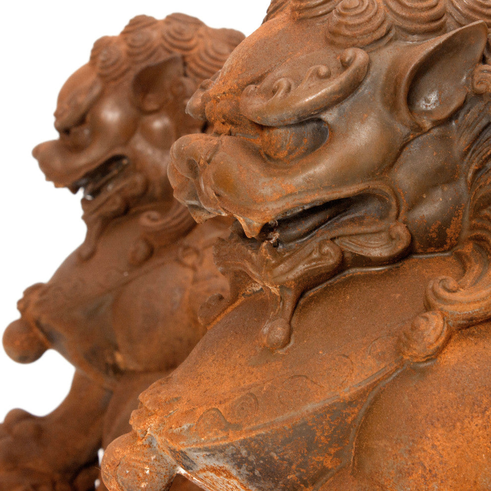18" Foo Dog Rust Patina Statues, Set of Two