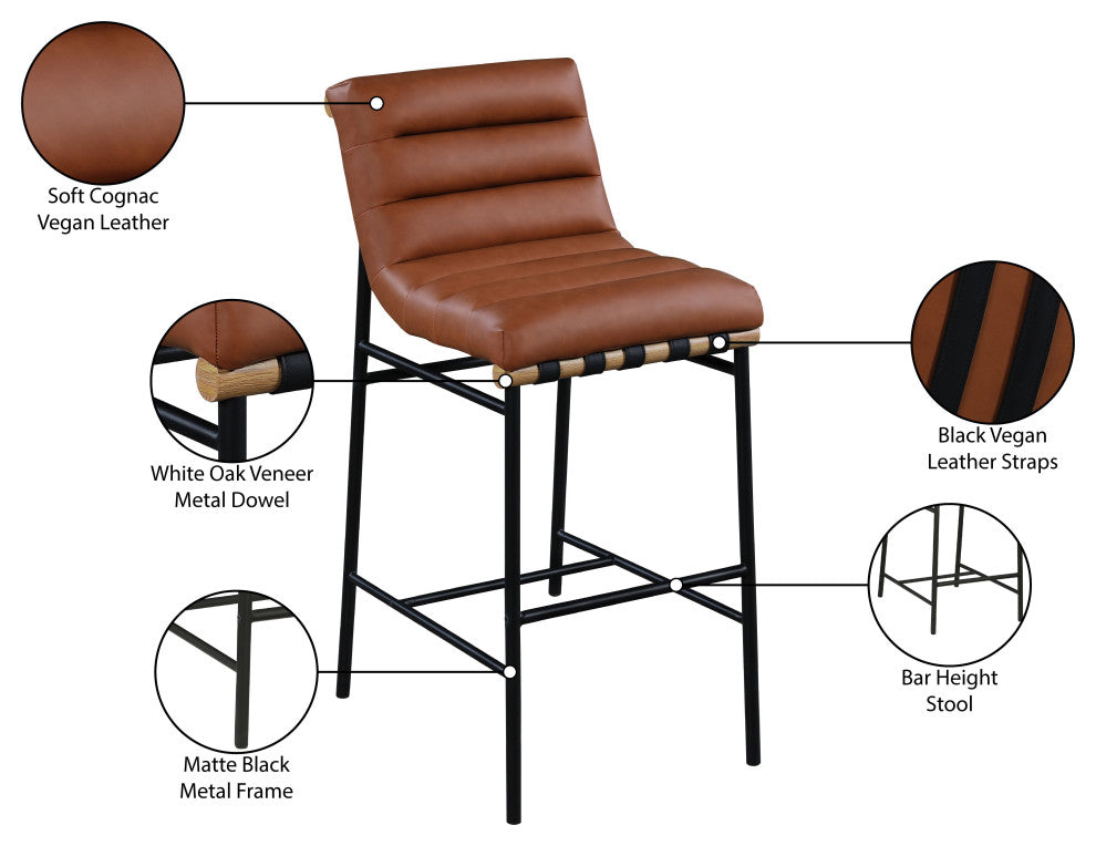 Burke Upholstered Bar Stool, Cognac, Vegan Leather, White Oak Veneer Metal Dowel