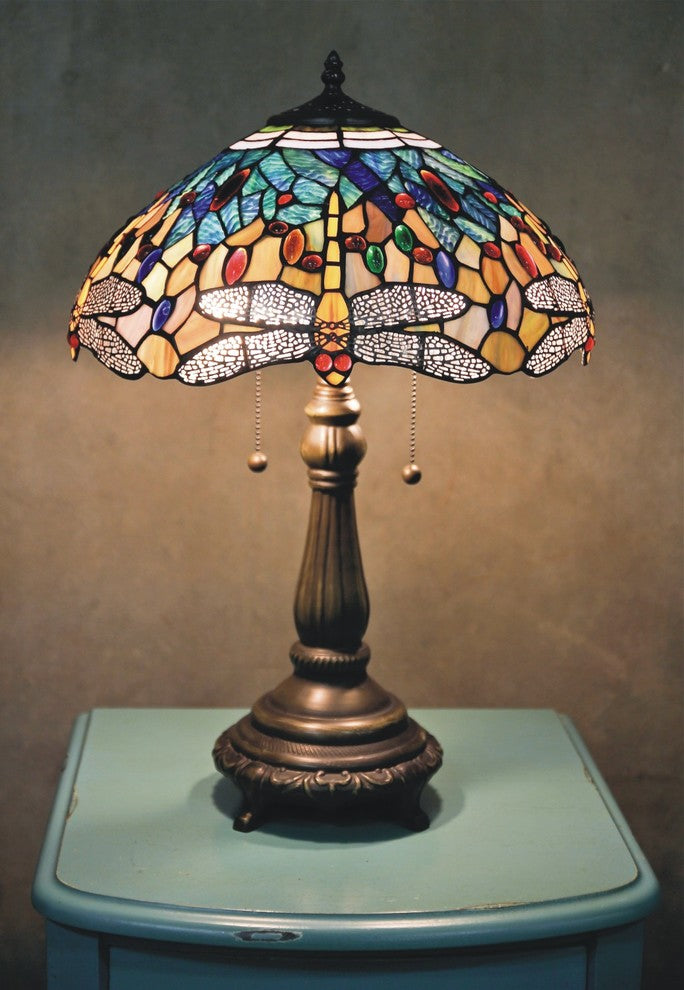 Serena d'italia Tiffany 2-Light Blue Dragonfly 23" Bronze Table Lamp