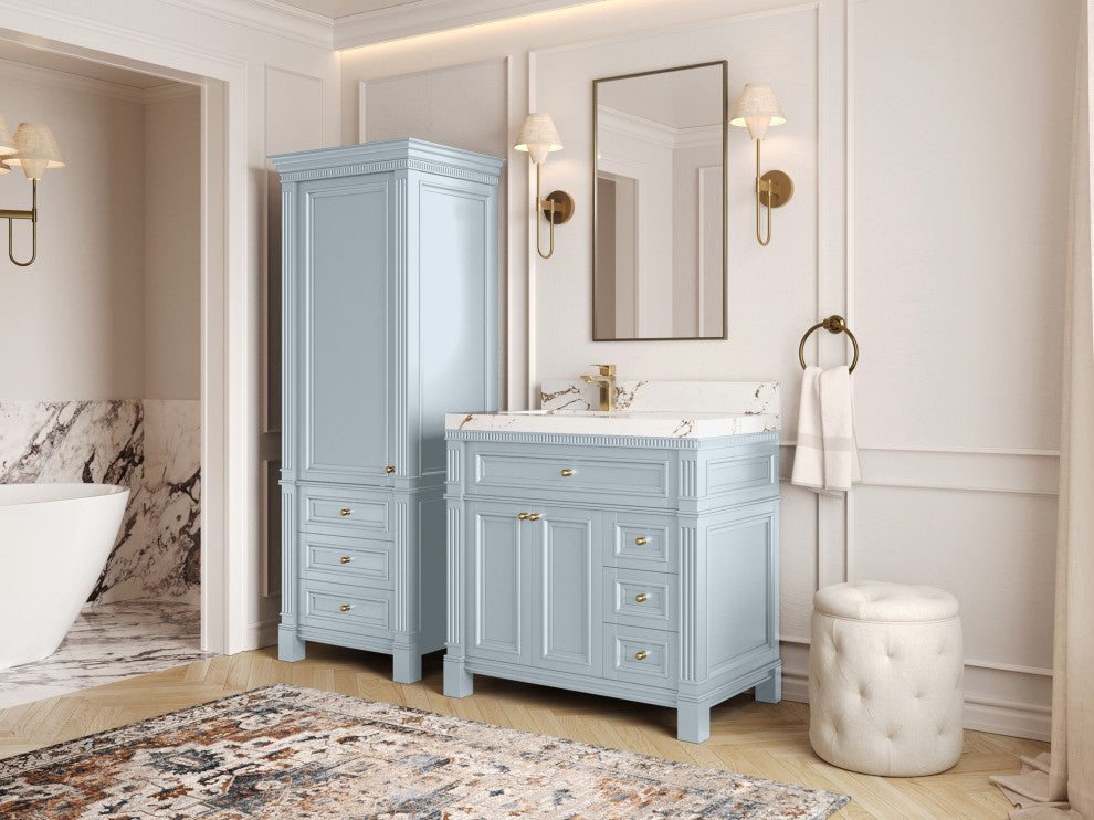 Paris 36" Left Offset Bathroom Vanity, Blue Heather 2" Carrara Quartz