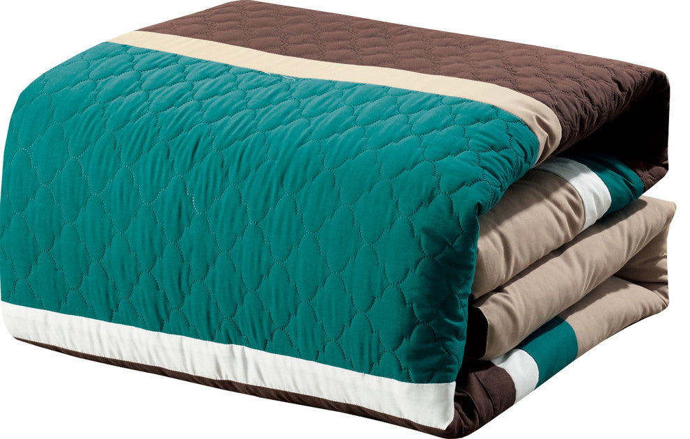 7p Pinsonic Quilted Trellis Striped Pleated Comforter Set, Teal, Full