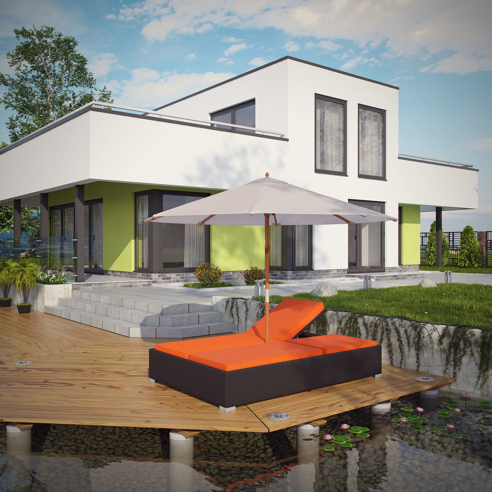 Modern Contemporary Outdoor Patio Rattan and Wicker Chaise Sofa Orange