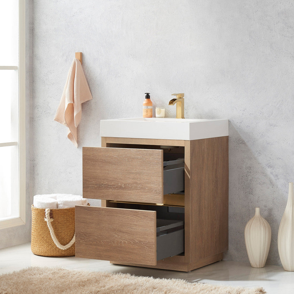 Huesca Bath Vanity, Integrated Sink Top, North American Oak, 24", Without Mirror