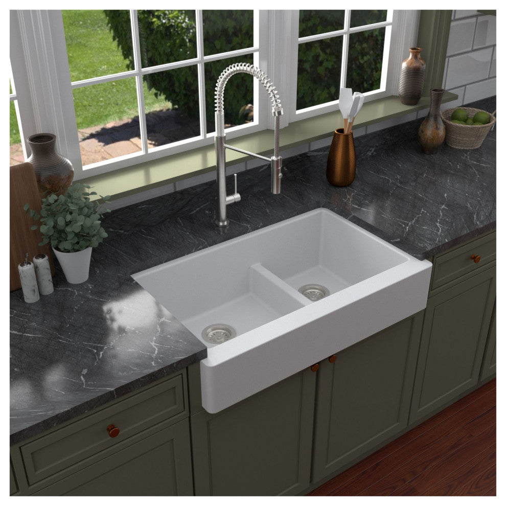 Karran Retrofit Farmhouse Quartz 34" Double Offset Bowl Sink Kit, Black