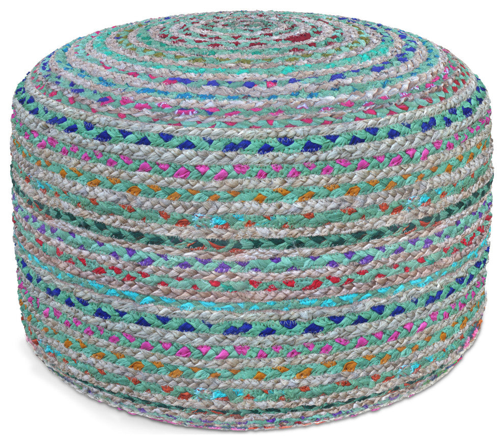 Margo Round Pouf, Braided Jute, Green