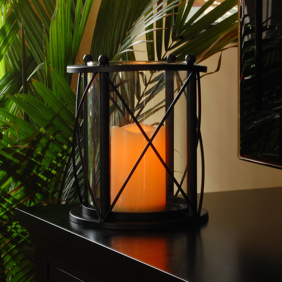Round Criss Cross Metal Lantern with LED Candle, Black