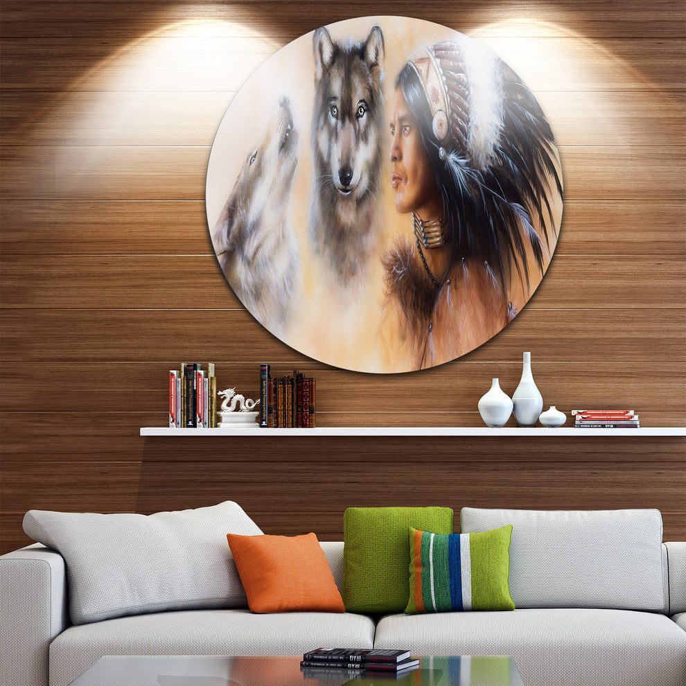 Indian Warrior With Two Wolves, Animal Disc Metal Wall Art, 23"