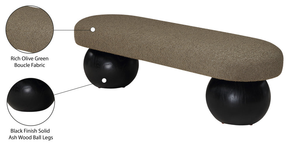Meridian Furniture Bowie Boucle Fabric Upholstered Bench, Olive, Black Finish