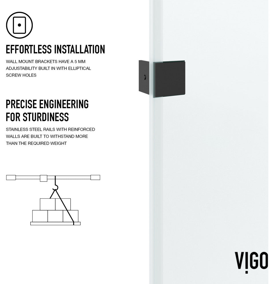 VIGO Ryland 58" to 60" W x 73" H Frameless Track Sliding Shower Door, Matte Black, Clear Glass