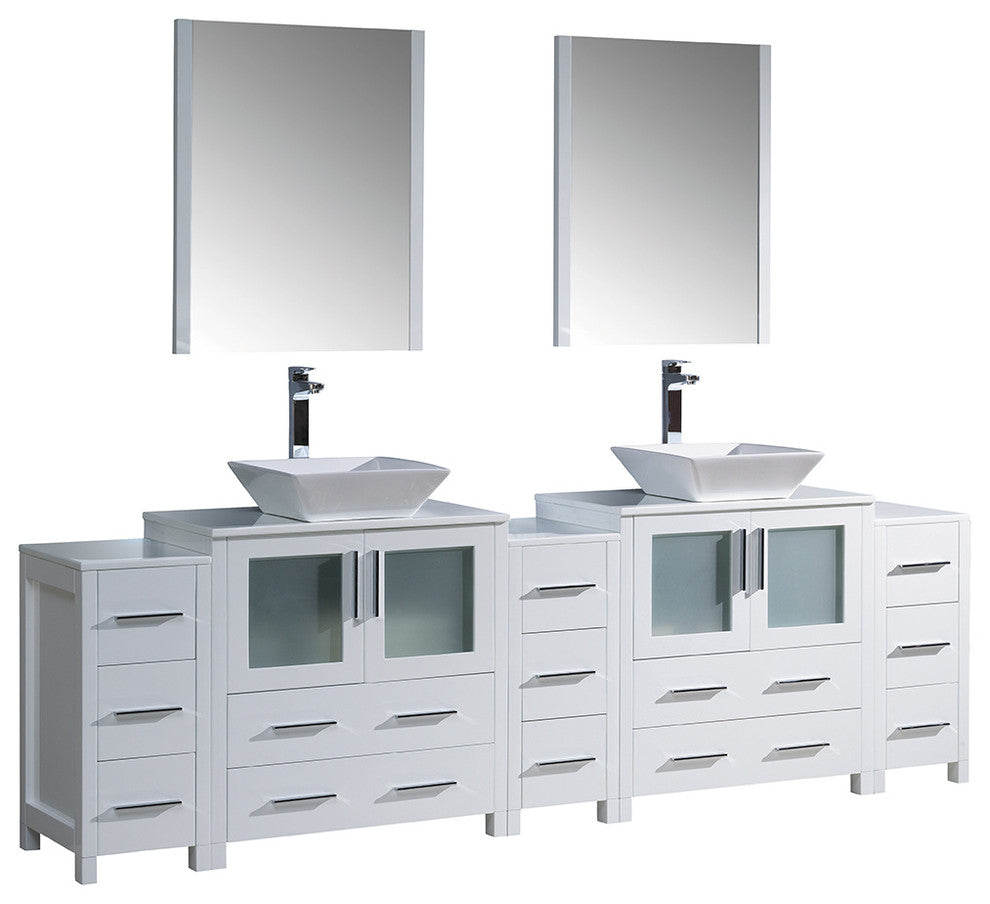 Torino 96" White Modern Double Sink Bathroom Vanity, Faucet FFT9162CH