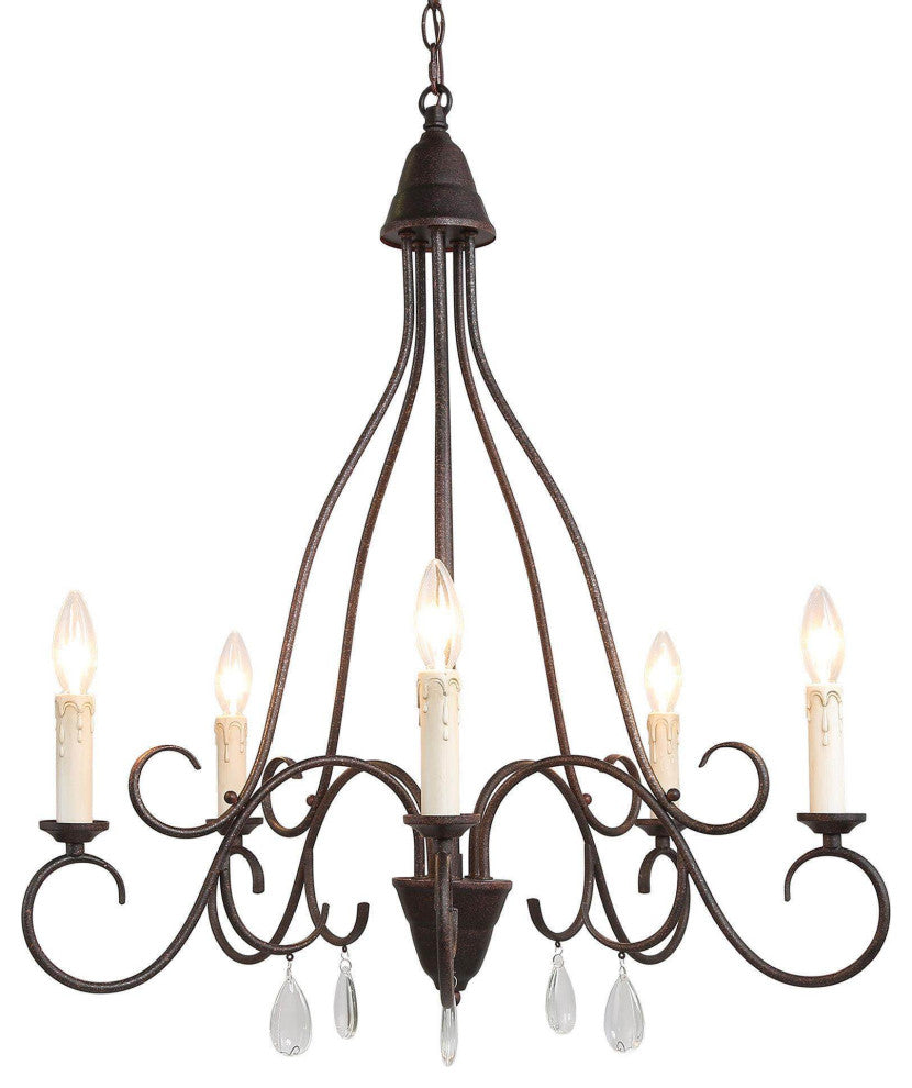 5-Light Transitional Rust Metal, Crystal Drops Chandeliers Lighting