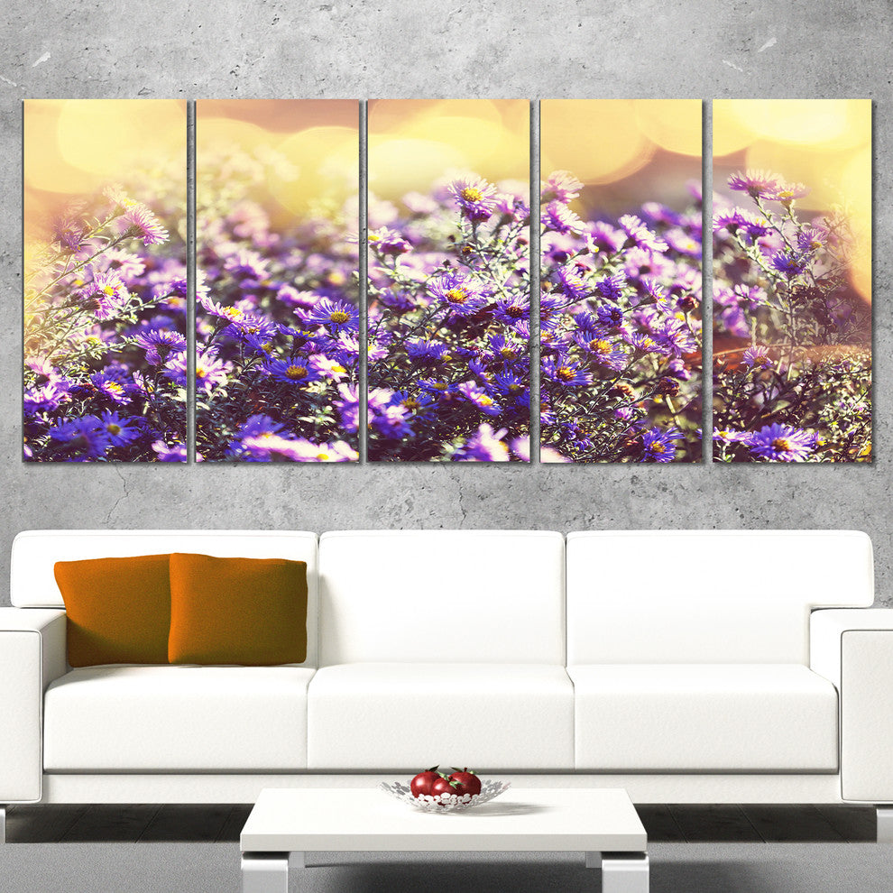 Purple Little Wild Flowers, Floral Canvas Art Print, 60"x28", 5 Panels