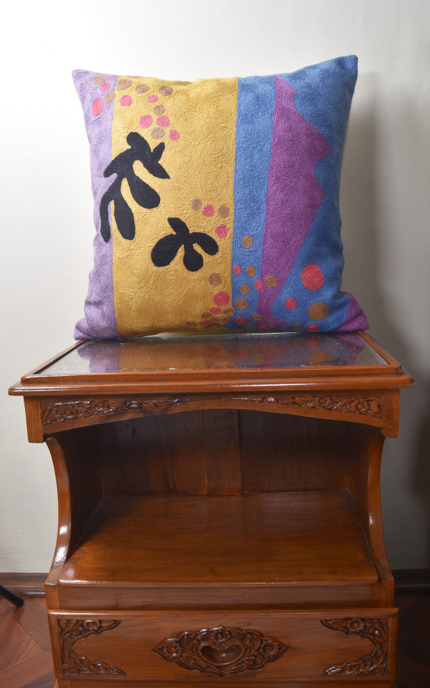 Matisse Yellow Pillow Cover Purple Gold Cut-Outs II Flower Wool Handmade 18x18
