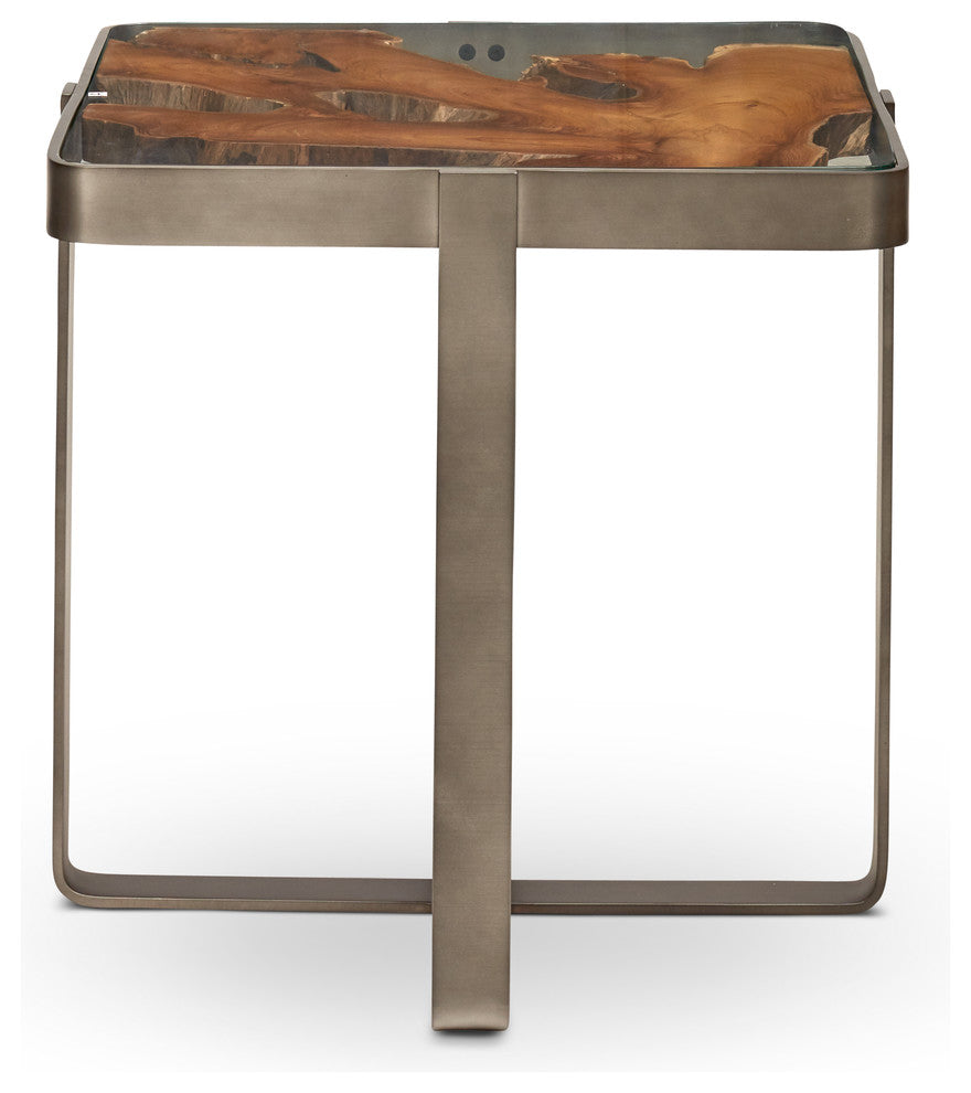 IE Series Kullen End Table, Teak Top, Galvanized Gray Frame