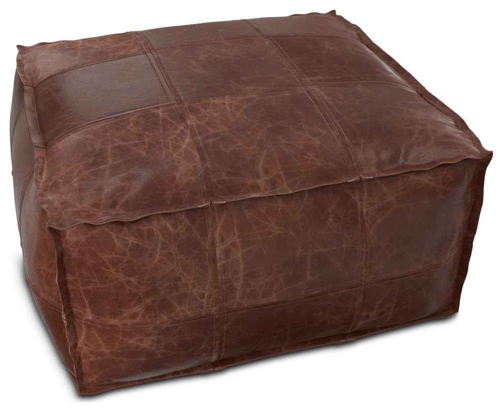 Sheffield Coffee Table Pouf, Distressed Brown Leather