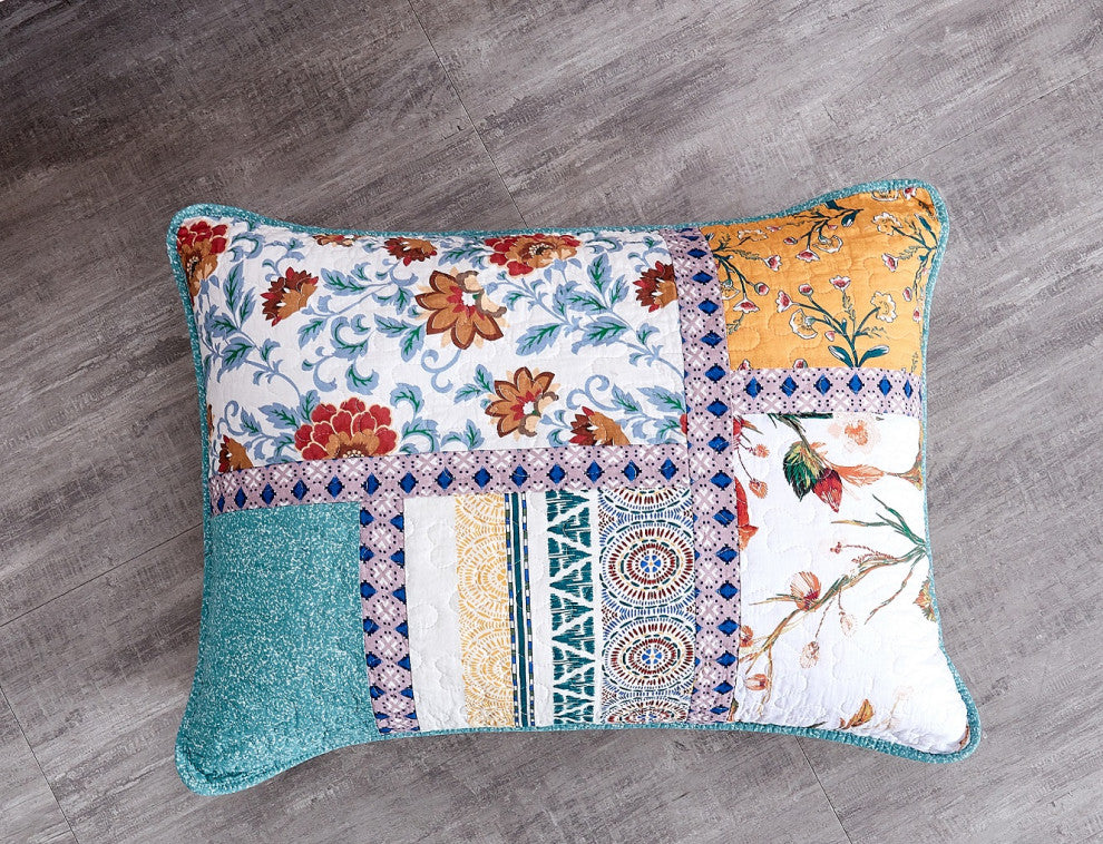 Cotton Pastel Blue Yellow Old World Hummingbirds Garden Patchwork Quilt, King